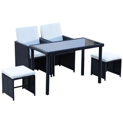 Set Mobili da Giardino Rattan 5 Pezzi Tavolo 2 Sedie 2 Poggiapiedi con Cuscini Combinabili a Rettangolo