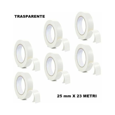 SET DI 6 ROTOLI DI NASTRO BIADESIVO TRASPARENTE SOTTILE 25 mm X 23 METRI