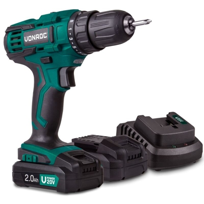 VONROC Trapano avvitatore a batteria 20V. Inc. 2 batterie da 2.0 Ah, caricabatterie, punte e sacca portautensili