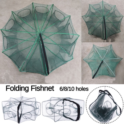 Rete pieghevole senza nodi Rete da pesca Gabbia per gamberetti Esche da pesca Trappola per gamberi di fiume Pentola in ghisa con 10 fori (griglia a