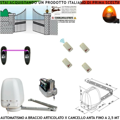 Cancello Elettrico Kit Motore A Braccio Articolato 220/24 V Anta Battente Da 0,5 A 2,5 Mt Centrale 4 Radiocomandi Faro Fotocellule Sv-Kismbae4Rc