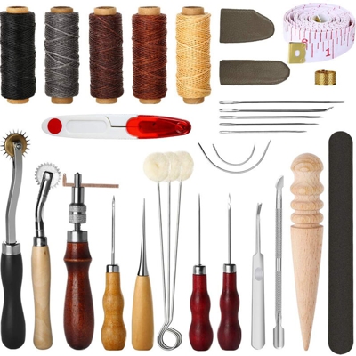 Strumento per cucire in pelle da 31 pezzi Electop Strumento per cucito a mano in pelle fai-da-te Kit per cucire a mano con kit per ditale con filo di