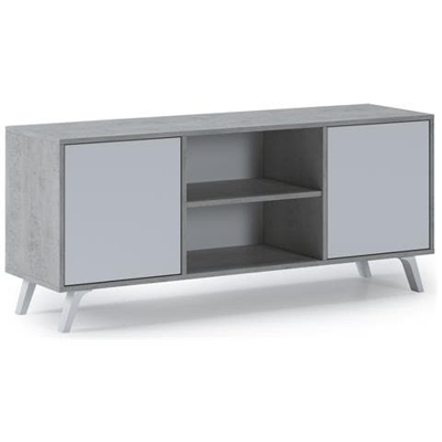 Mobile Tv 140 A 2 Ante, Soggiorno, Modello Wind, Struttura Colore Cemento, Colore Porte Bianco Matte, Misure 137x40x57cm Di Altezza.