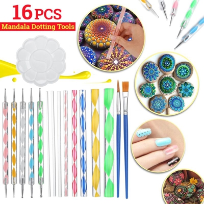 16pcs Mandala Dotting Tools Set Rock Painting Kit Nail Art Pen Paint Stencil