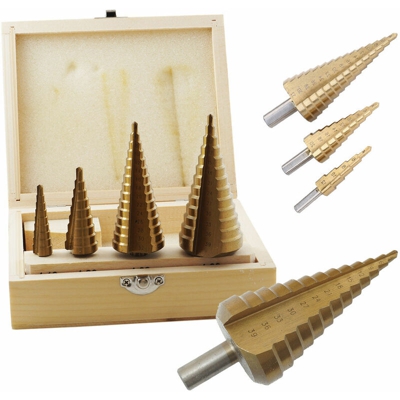 Tp - Set 4 Punte Frese Coniche A Scalino Gradini Allarga Fori 4-39 Mm
