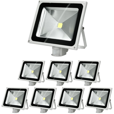 8 x Faretto Proiettore LED 50W con Sensore di Movimento AC 220-240V 2585 Lumen Bianco Caldo 2800K Luce Faro da Esterno IP65 Impermeabile Faro Faretti