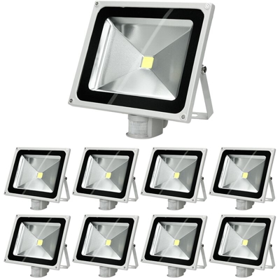 9 x Faretto Proiettore LED 50W con Sensore di Movimento AC 220-240V 2585 Lumen Bianco Caldo 2800K Luce Faro da Esterno IP65 Impermeabile Faro Faretti