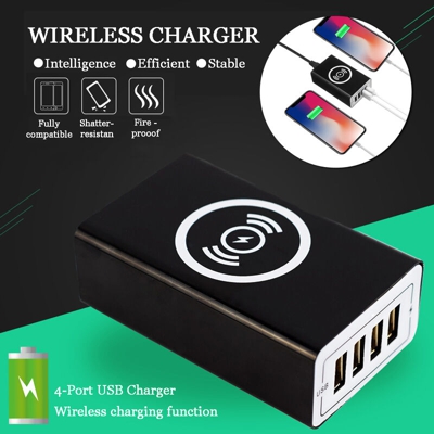 Caricabatterie wireless QI USB 4 porte Spina UE 220 V per telefono cellulare