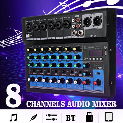 Console di mixaggio USB professionale a 8 canali Mixer audio da studio dal vivo bluetooth per DJ Stage Karaoke Music Recording