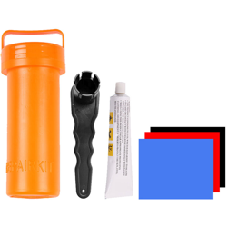 Kit riparazione paddle surf SUP con chiave per valvola aria + toppa in PVC + colla speciale características