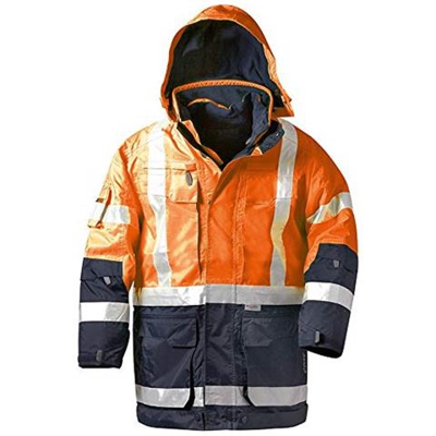 Deposto Visibilita Parka Wallace, Arancione Fluorescente / Blu Marino, Traspirante, Reflexierend Riflettente 3m Scotchlite Reflective Materiali Strisce