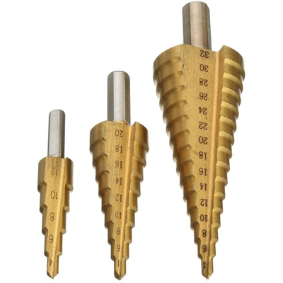 Drillpro - 3 pezzi di trapano a passo largo in acciaio HSS Set 4-12 / 20 / 32mm conico in titanio rivestito in metallo trapano utensile da taglio
