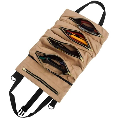 Borsa per attrezzi in tela resistente con 5 tasche con cerniera per elettricista, riscaldamento, aria condizionata, idraulico, falegname o meccanico