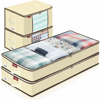 Insma - Confezione da 4 sacche portaoggetti con cerniere Pieghevole scarpiera Organizer Vestiti Trapunte Biancheria da letto Beige