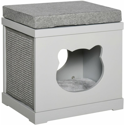 Cuccia Per Gatti 41x30x36 Cm In Legno Con Tiragraffi Grigia