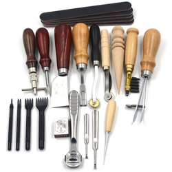 Set di 18 pezzi di manico in legno kit di strumenti artigianali in pelle strumento di cucito a mano in pelle punzone coltello kit fai da te precio