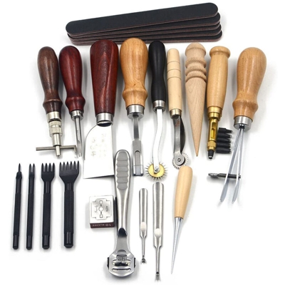 Set di 18 pezzi di manico in legno kit di strumenti artigianali in pelle strumento di cucito a mano in pelle punzone coltello kit fai da te