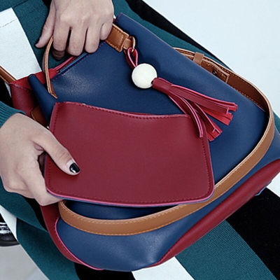 Drillpro - Borsa a mano in legno con frange in pelle PU AEQUEEN da donna RED VIN