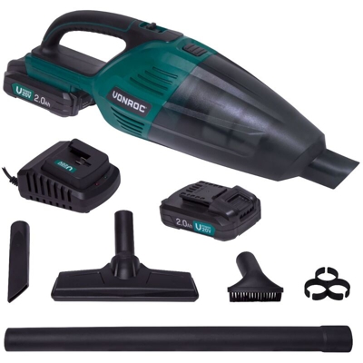 VONROC Aspirabriciole|aspiratore portatile VPOWER 20V. Include 2 batterie 2.0Ah, caricatore, contenitore da 0,5 litri, 3 ugelli ed estensione