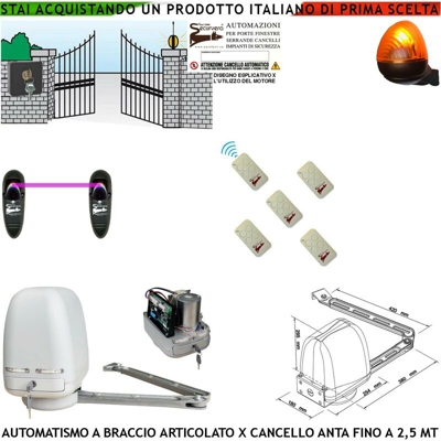 Automatismo Cancello Motore A Braccio Articolato 220/24 V Anta Battente Da 0,5 A 2,5 Mt Centrale 5 Radiocomandi Faro Selettore Fotocellule