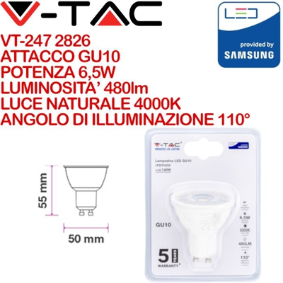 Faretto LED Chip Samsung GU10 6,5W 4000K (Blister 1 Pezzo)