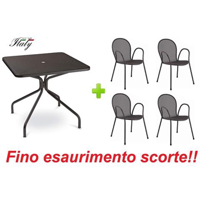 Prime - Tavolo Per Esterno Cambi 80x80 Cm In Ferro Zincato E Verniciato A Polveri - Colore Ferro Antico Fantasia 22 + 4 Poltrone Modello Ronda Con Bracciolo - Prodotto Made In Italy
