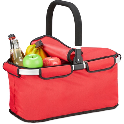 Relaxdays Cestino per Spesa Pieghevole, Coperchio, Borsa con Manici 25 L, Shopper Bag con Cerniera, Poliestere, Rosso