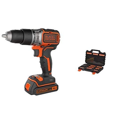 BLACK+DECKER BL188KB-QW Trapano/Avvitatore a Percussione, Senza Spazzole, con Doppia Batteria, al Litio, 18 V, 1.5 Ah, in Valigetta + A7200-XJ Titaniu