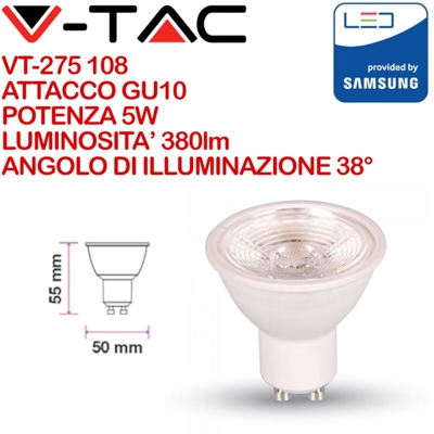 LED (monocolore) Classe energetica: A+ (A++ - E) VT-275 108 GU10 Potenza: 5 W Bianco caldo 5 kWh/1000h - V-tac