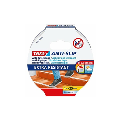 tesa, Nastro antiscivolo, molto ruvido e resistente, trasparente, Bianco (trasparente), 5 m x 25 mm