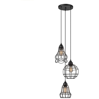 Lampada a sospensione vintage industriale in metallo con gabbia a 3 luci rustica