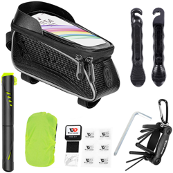 Strumento di riparazione borsa riflettente per bici borsa per tubo superiore (inclusa copertura antipioggia) + strumento combinato + cucchiaio per en oferta