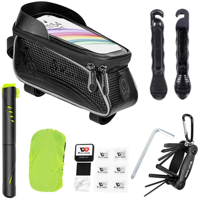 Strumento di riparazione borsa riflettente per bici borsa per tubo superiore (inclusa copertura antipioggia) + strumento combinato + cucchiaio per