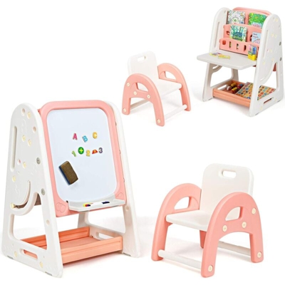Cavalletto per Dipingere 2 in 1 Multifunzione per Bambini Altezza Regolabile, Libreria Bambini Lavagna Doppia Faccia , con Sedia e Accessori