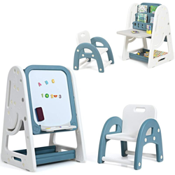 Cavalletto per Dipingere 2 in 1 Multifunzione per Bambini Altezza Regolabile, Libreria Bambini Lavagna Doppia Faccia , con Sedia e Accessori (Blu) características