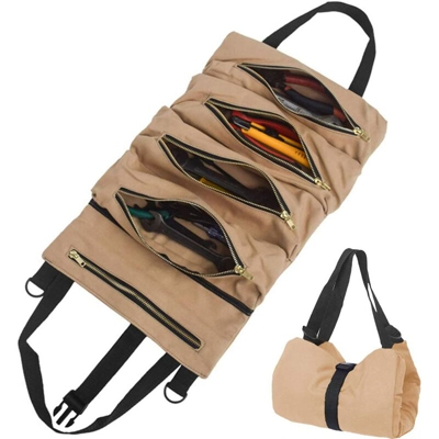Borsa per attrezzi con 5 tasche con cerniera, borsa per attrezzi in tela portatile, strumento per organizzare automaticamente il rotolo di attrezzi