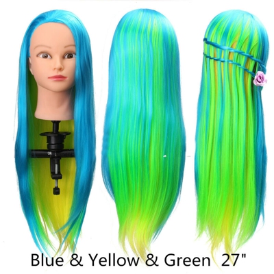 Testa di manichino con capelli lunghi blu giallo verde