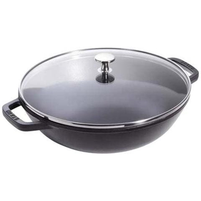 Wok medio ghisa c / coperchio vetro 30cm nero