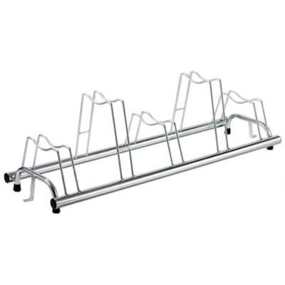 Porta Biciclette A Terra 5 Posti, In Acciaio, Zincato A Freddo, Color Argento, Con Tappi In Pvc Nero, Sistema Posteggio Bici Alto E Basso In Modo Da Non Fare Incastrare I Manubri Tra Di Loro E Permettere La Perfetta Postazione Di 5 Bici. La Curvatura Supe