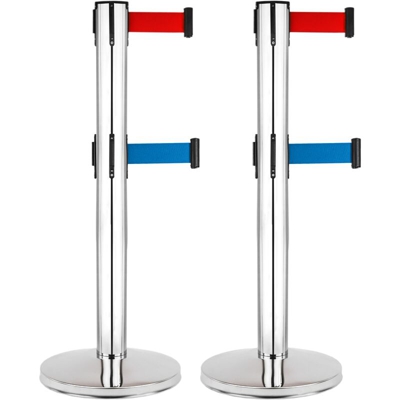 PrimeMatik - Colonna separatrice 2 unità in acciaio inox con nastro estensibile blu e rosso da 3 m 320 x 63 x 910 mm