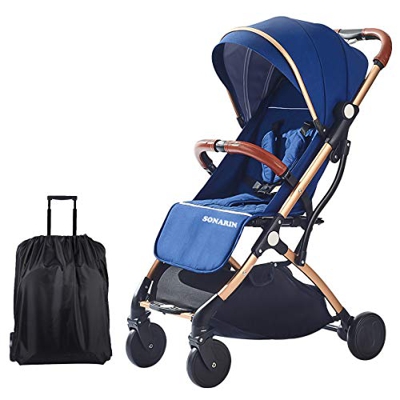 SONARIN Passeggino leggero,Passeggino compatto,Pieghevole con una mano,imbragatura a cinque punti,ideale per aeroplano(Blu Scuro)