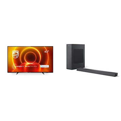 Philips TV Ambilight 43PUS7805/12 43" 4K UHD LED Processore P5 Picture, HDR10+, Smart TV, Nero + B6305/10 Soundbar Altoparlante Bluetooth Subwoofer Wi