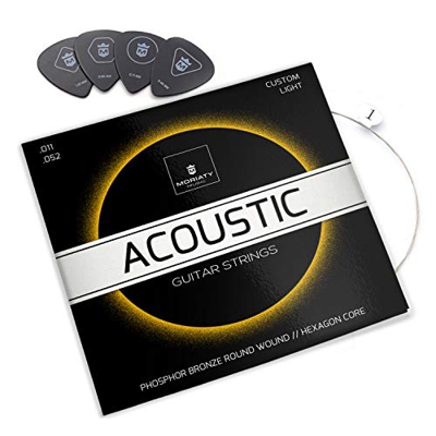 MORIATY® Corde per Chitarra Acustica - Eccellenti Corde in Phosphor Bronzo per Chitarra Acustica (set di 6 corde) | INCLUSI: 4 plettri + 1 corda E