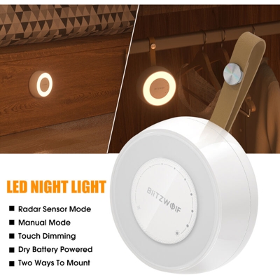 Drillpro - BlitzWolf BW-LT22 DC5V 0.5A 3000K Radar Sensing LED Night Light Touch Control Dimming Mini Night Light con Radar Induction 3-5m
