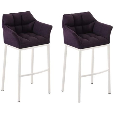 Set 2 Sgabelli Bar DAMASO - Sgabello Alto Design Trapuntato in Tessuto, con Braccioli e Schienale Imbottiti e Poggiapiedi l Sedia Sgabello Cucina Bar Pub 4 Gambe Viola Bianco