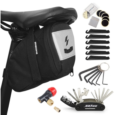 Sahoo - Strumento pieghevole 16 in uno + borsa posteriore per bicicletta + ugello aria + accessori per biciclette (chiave a brugola + scatola di
