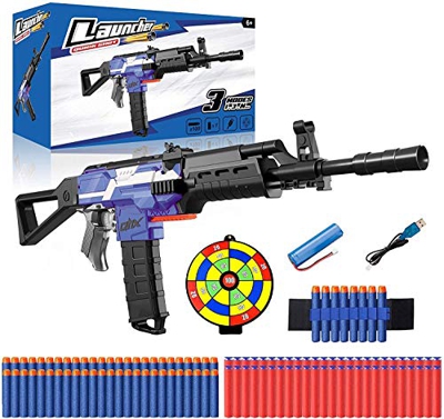Pistola Giocattolo Elettrico, Pistole Nerf con 100 Dardi, Bersaglio, Polsino e Batteria Ricaricabile USB, Nerf Blaster 3 Modelli 3 velocità, Regalo Fu