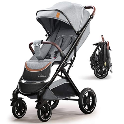 Carrozzina Regolabile Passeggino Leggero Compatto per Bambini fino a 3 Anni Carrello Pieghevole con Una Mano con Ruote in Gomma Cesto Portaoggetti Gra