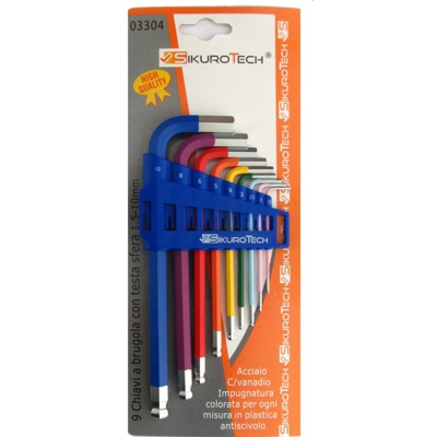 SERIE 9 CHIAVI A BRUGOLA LUNGHE 03304 CROMO VANADIO TESTA A SFERA - Sikurotech