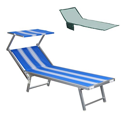 Totò Piccinni Salento Lettino Prendisole Pieghevole in Alluminio con TETTUCCIO (Righe Bianco Blu)